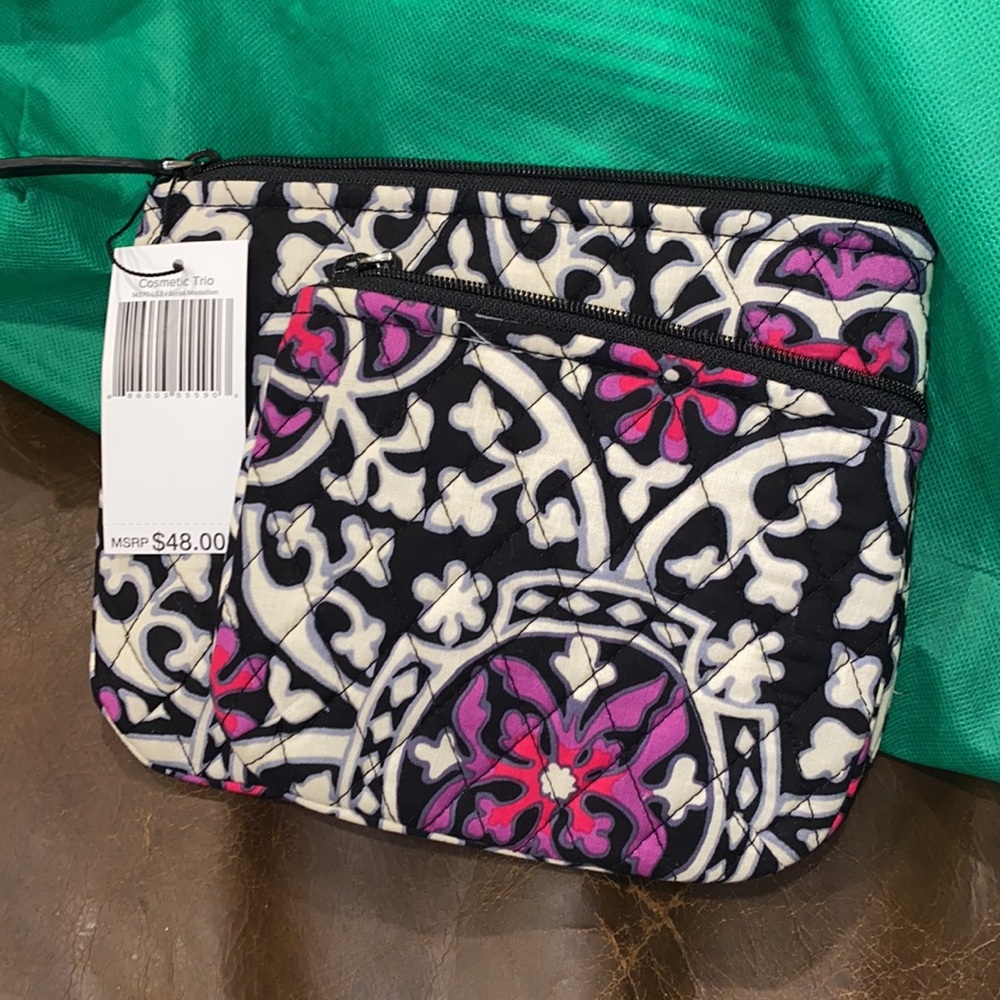 Vera Bradley cosmetics make up bags. Scroll Medallion print with black leather